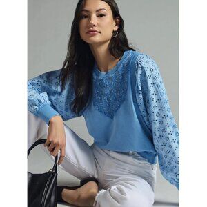 PILCRO Womens Medium Blue Cotton Lace Front Eyelet Sleeve Sweatshirt Top